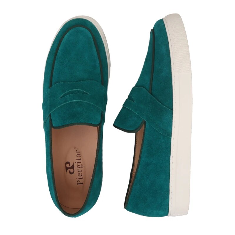 Piergitar 2021 Men Sneakers Green Color Suede Men's Vulcanize Shoes Handmade Male Penny Loafers Wihte Bottom Man Flats