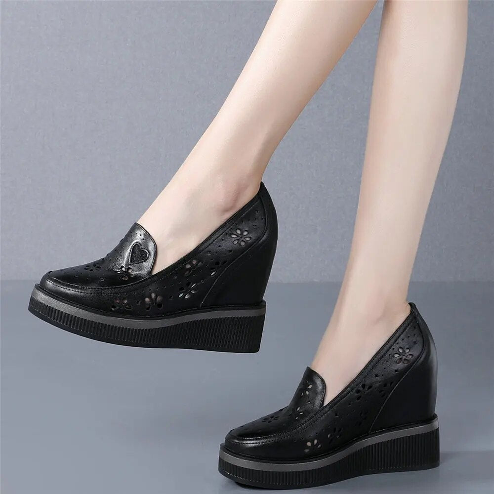 Fashion Sneakers Women Hollow Genuine Leather Wedges High Heel Ankle Boots Female Round Toe Platform Oxfords Shoes Casual Shoes
