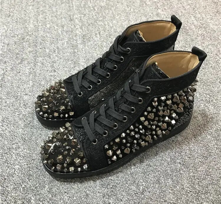 Svonces Luxury Brand Sequins Men Shoes High Top Black Suede Studded Rivets Lace Up Crytsal Shoes For Men Casual Shoes Sneakers