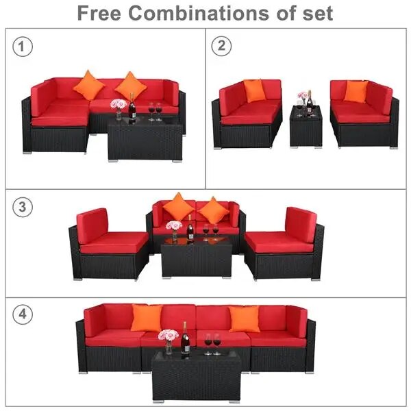 Rattan Furniture Set 5 Piece Patio Waterproof Durable 2 Corner/Armless Sofa 1 Insulated Coffee Table 10 Cushions 2 Hold Pillows