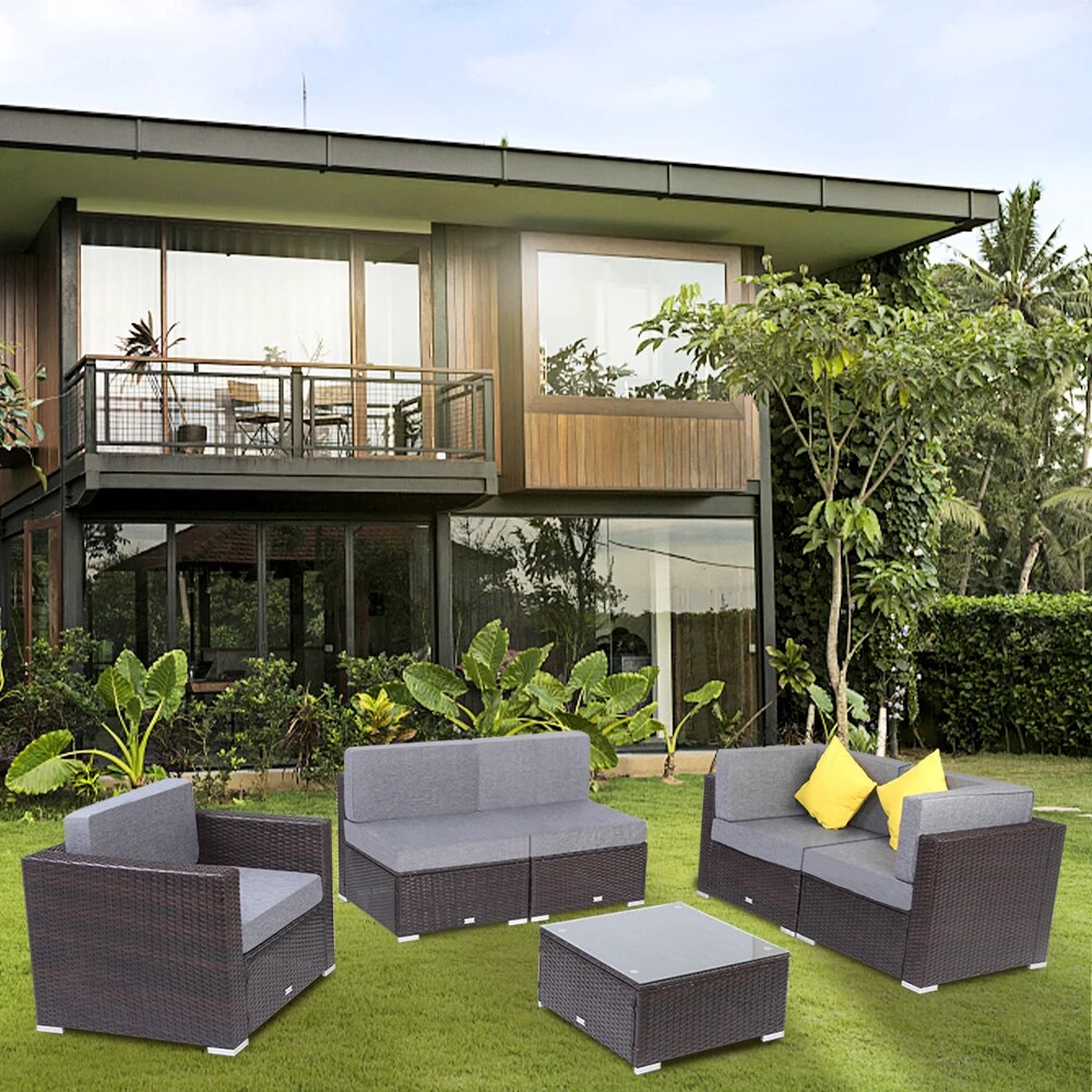 Two Styles US Warehouse 6 Pieces Patio PE Wicker Rattan Corner Sofa Set Patio Furniture Set In Stock  for the outdoors and Patio