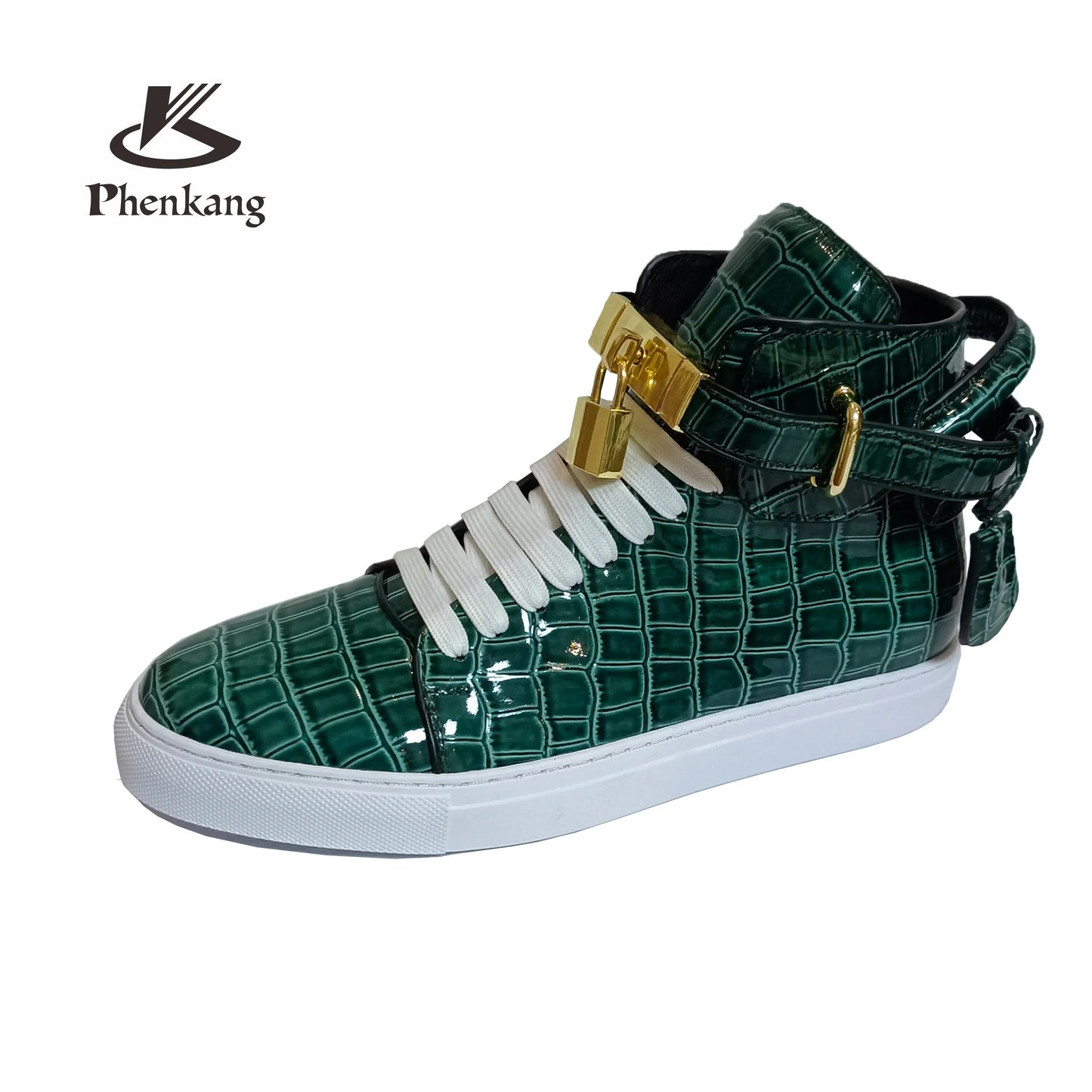 Phenkang Men Alligator Pattern High Top Sneakers Lock Lace Flats Glossy Real Leather Newest Designer Boots Men‘s Casual Shoes
