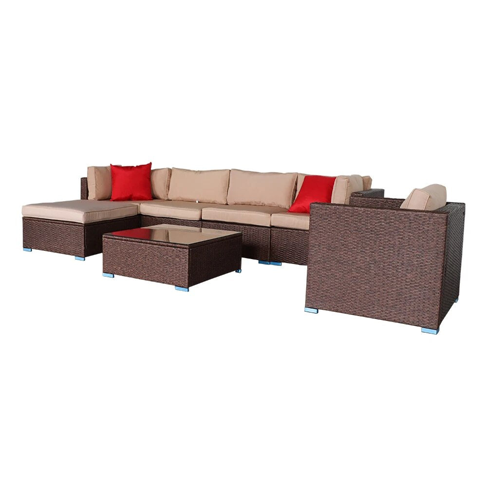 Patio Sofa Furniture 7 Pieces Wood Grain Patio PE Wicker Rattan Corner Sofa Set  Patio Sofa Furniture Outdoor Set