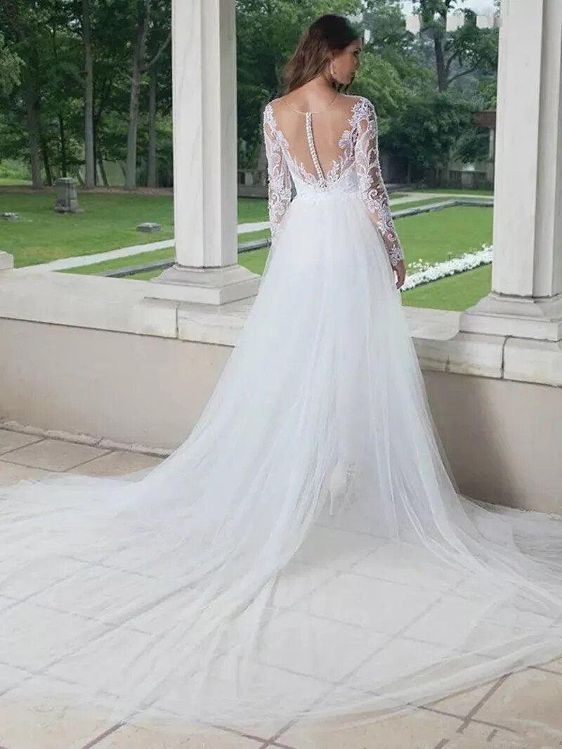 Long Sleeve Jumpsuit Wedding Dresses With Detachable Train 2021 Lace Appliques Tulle Pants Suit Bridal Gown Button Back Elegant