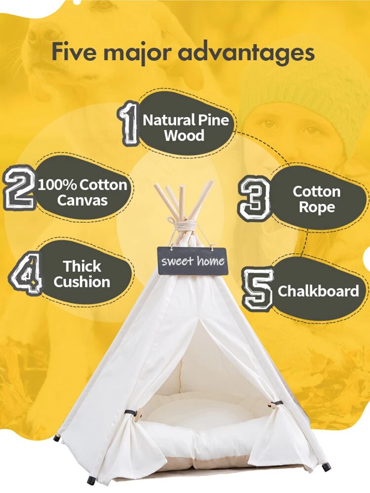 Pet Teepee Cat Tent Dog House Bed Canvas Dogs Tents Kennel with Thick Cushion Blackboard Indoor Modern Houses for Puppy Kitten