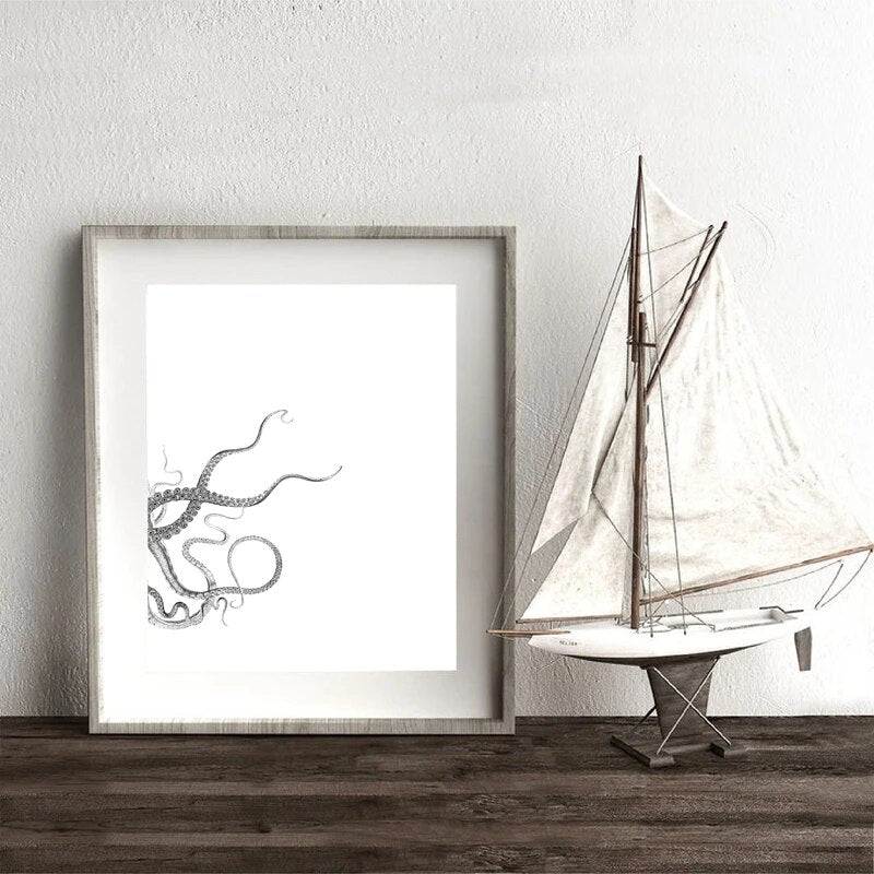 Octopus Triptych Posters and Prints Nautical Wall Art Canvas Painting Bodner Octopus Black White Pictures Bathroom Home Decor