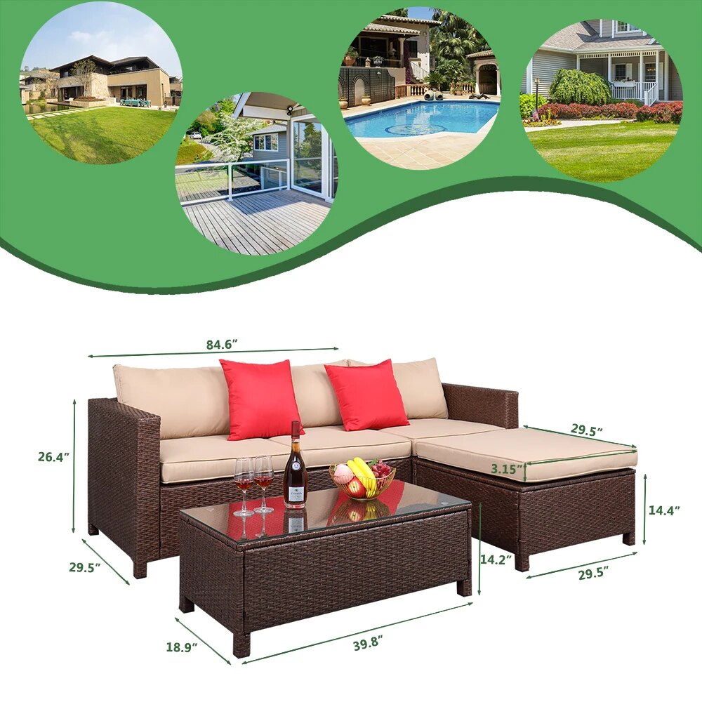 5Pcs Patio Furniture Set Rattan Sofa Hanging Legs 2 Corners 1 Sofa Without Armrests 1 Foot Drag 1 Rectangular Coffee Table Brown