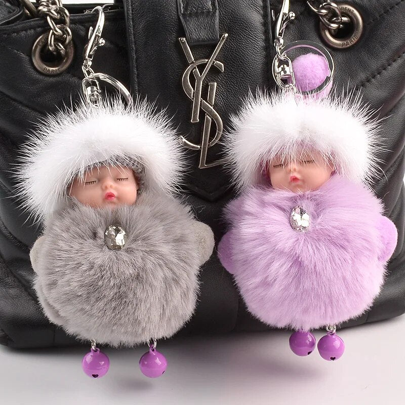 New Pompom Sleeping Baby Keychain Cute Fluffy Plush doll Keychains Women Girl Bag Keyrings Car Key Ring Jewelry Gift porte clef