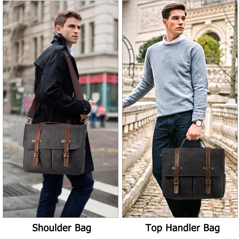 VASCHY Vintage Men Briefcase Water Resistant Canvas Messenger Bag for 15 In Laptop Business Satchel Padded Shoulder Bags Male