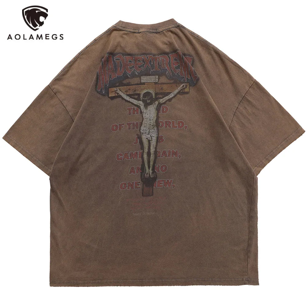 Aolamegs Men's Tee Shirts Ancient Culture Letter Print Distressed T Shirt Men Loose Retro High Street Hip Hop Streetwear Summer