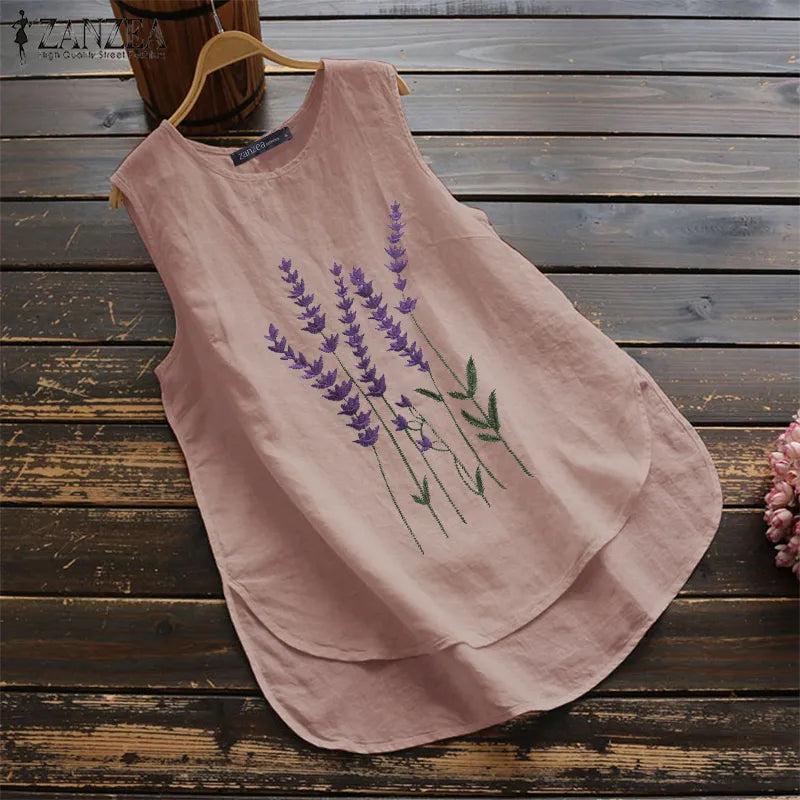 Women's Irregular Blouse ZANZEA 2023  Tanks Tops Casual Linen Blusas Female Sleeveless Chemise Summer Tee Shirts