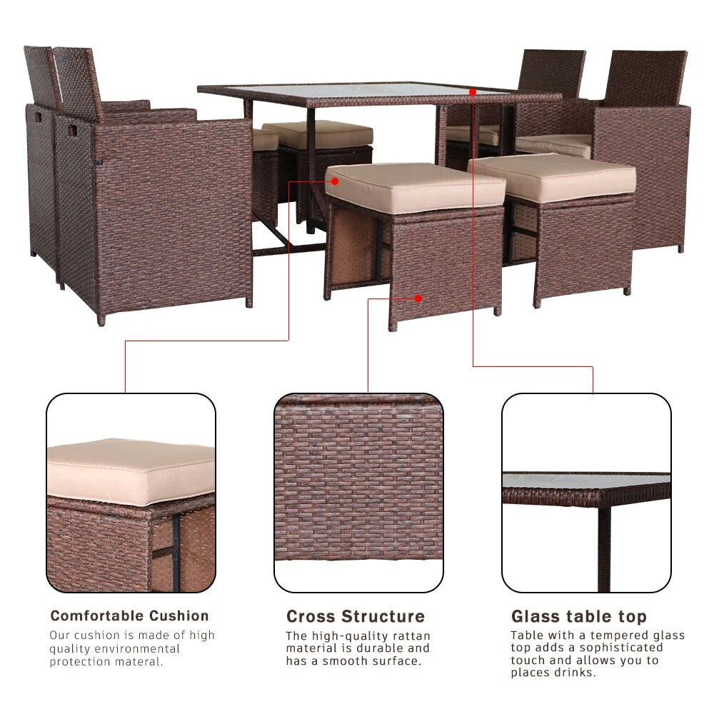 Patio Furniture Set 9 Pieces Wood Grain PE Wicker Rattan Dining Ottoman Chair with Tempered Glass Table Steel Frame[US-Stock]