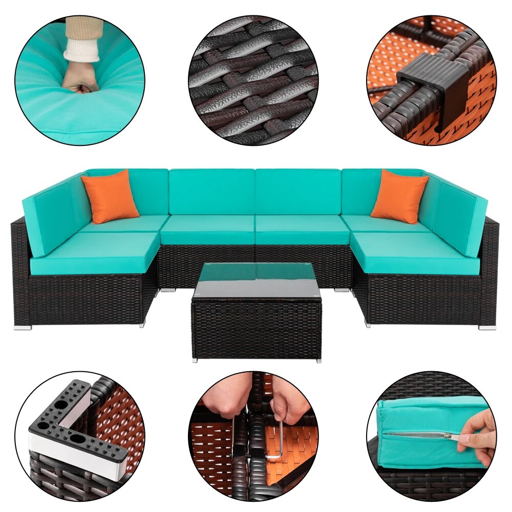 Outdoor Indoor Furniture 7-Piece Set 6 Modular Sofa 1 Coffee Table PE Rattan Steel Frame Concise Design Lake Blue[US-Stock]