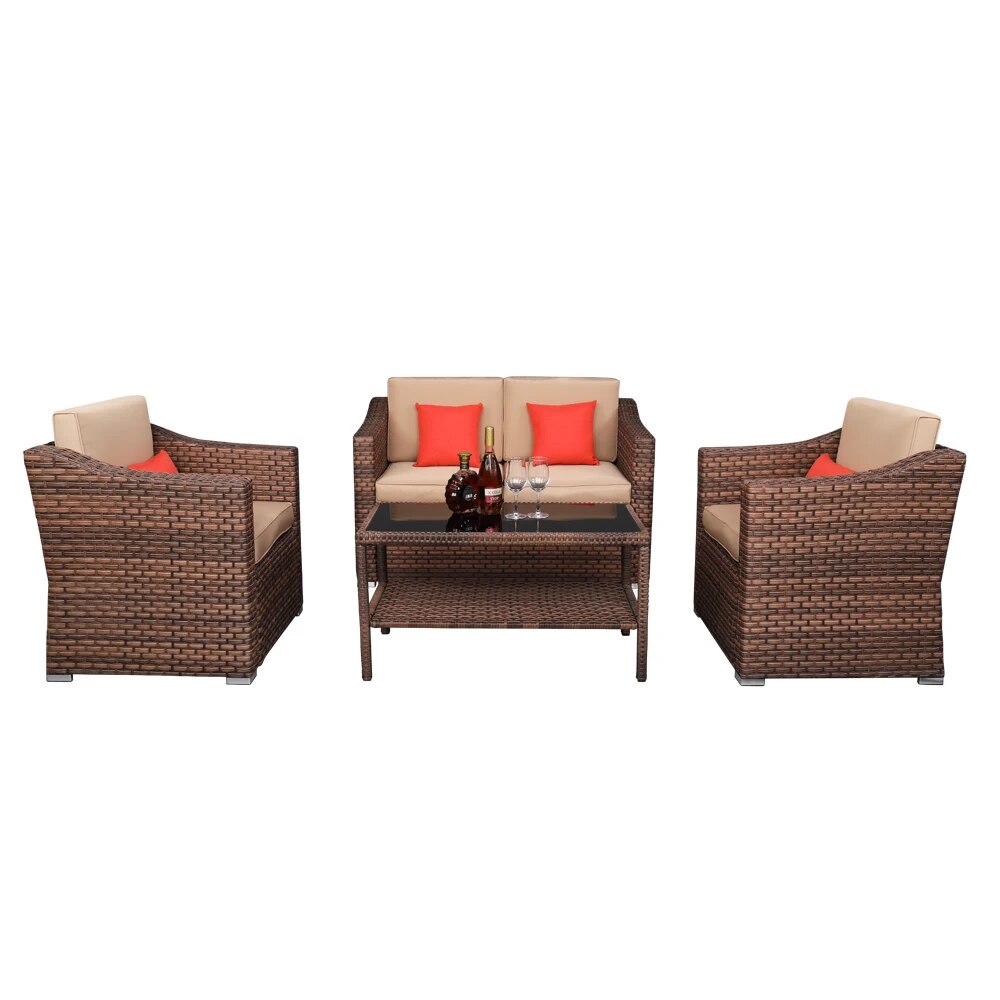 US Warehouse Wide Rattan Double Contiguous Rattan Four-Piece Suit 1 Double 2 Single 1 Double Coffee Table  Outdoor Furniture Set