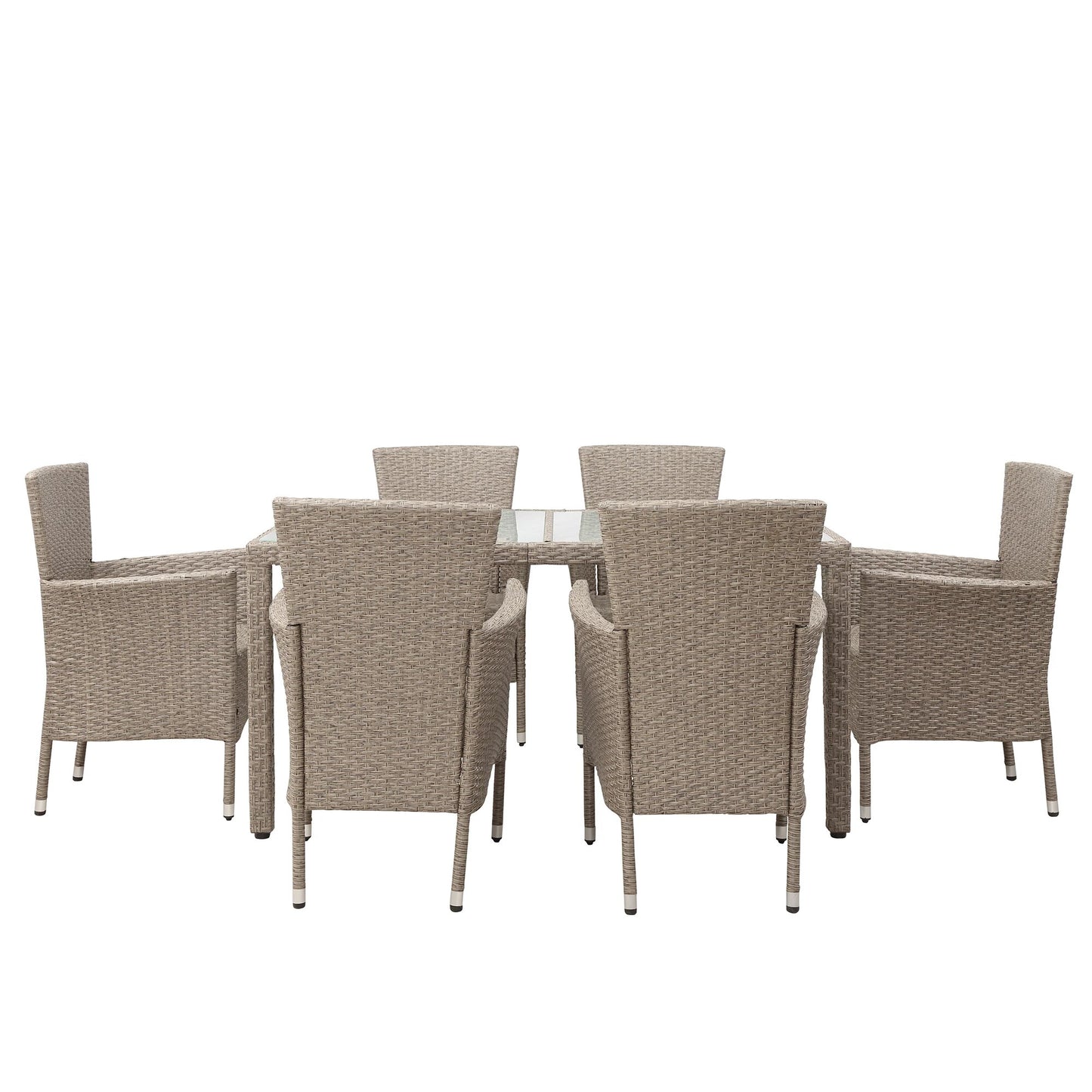 Outdoor Wicker Dining Table Chair 7 Piece Outdoor Patio Furniture Set 1 Table+6 Chairs Brown Seating Beige Cushions[US-Stock]
