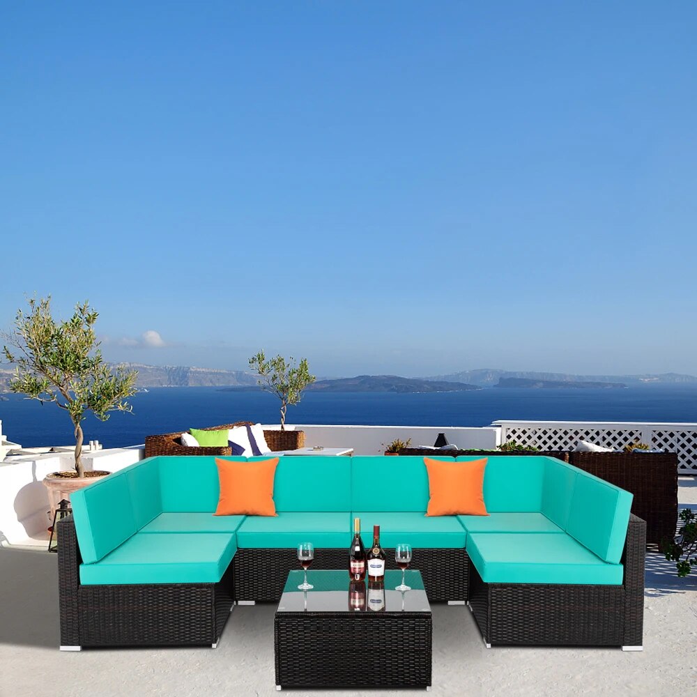Outdoor Indoor Furniture 7-Piece Set 6 Modular Sofa 1 Coffee Table PE Rattan Steel Frame Concise Design Lake Blue[US-Stock]