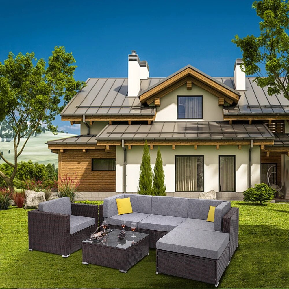 US Warehouse 6 Pieces Patio PE Wicker Rattan Corner Sofa Set Patio Furniture  Set for Garden and Outdoors