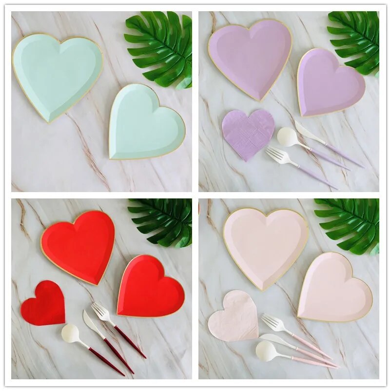 Heart-shaped Disposable Tableware Set Paper Plate Cups Wedding Decor Happy Birthday Valentine's Day Baby Shower Party Decor