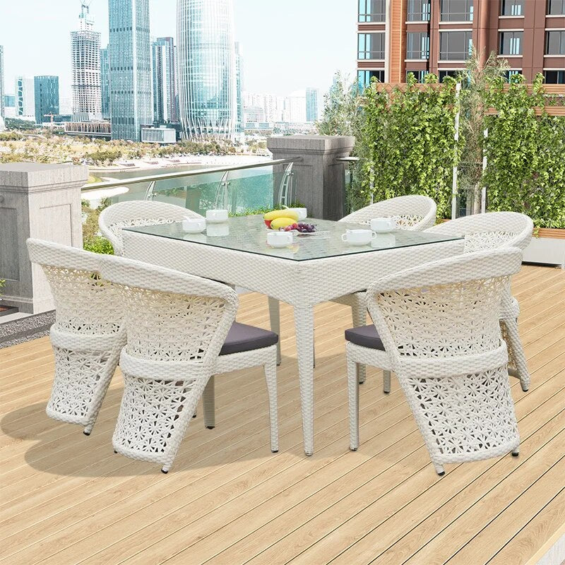 Outdoor Dining Set 7 pcs Metal frame table and chairs garden rattan Wicker furniture Rectangular table party Set for Swing Pool