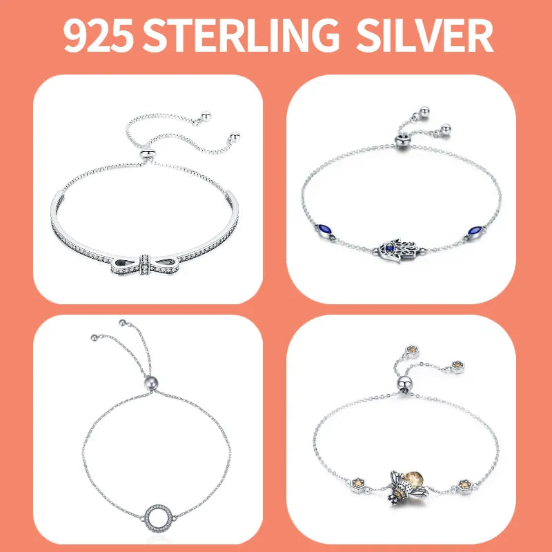 BISAER 925 Sterling Silver Snake Bracelet Blue Devil's Eye Charm Snowflake Heart Chain Clasp Bangles For Women Jewelry 17-21CM