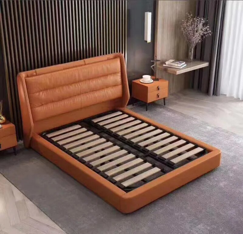 Modern Simple Leather Soft Bed Contact Surface Full-Grain Leather  king size bed  bedroom furniture set