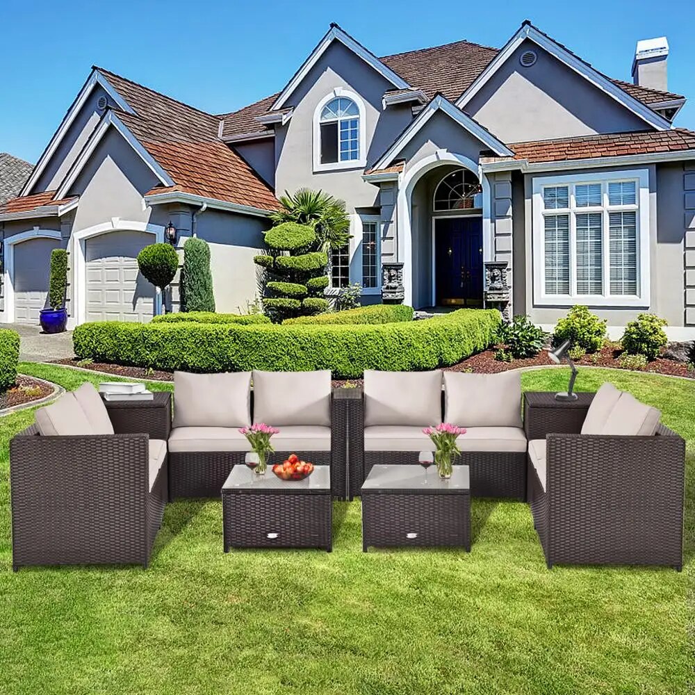 8PCS Outdoor Patio Rattan Furniture Set Cushioned Loveseat Storage Table 2*HW66714BN+