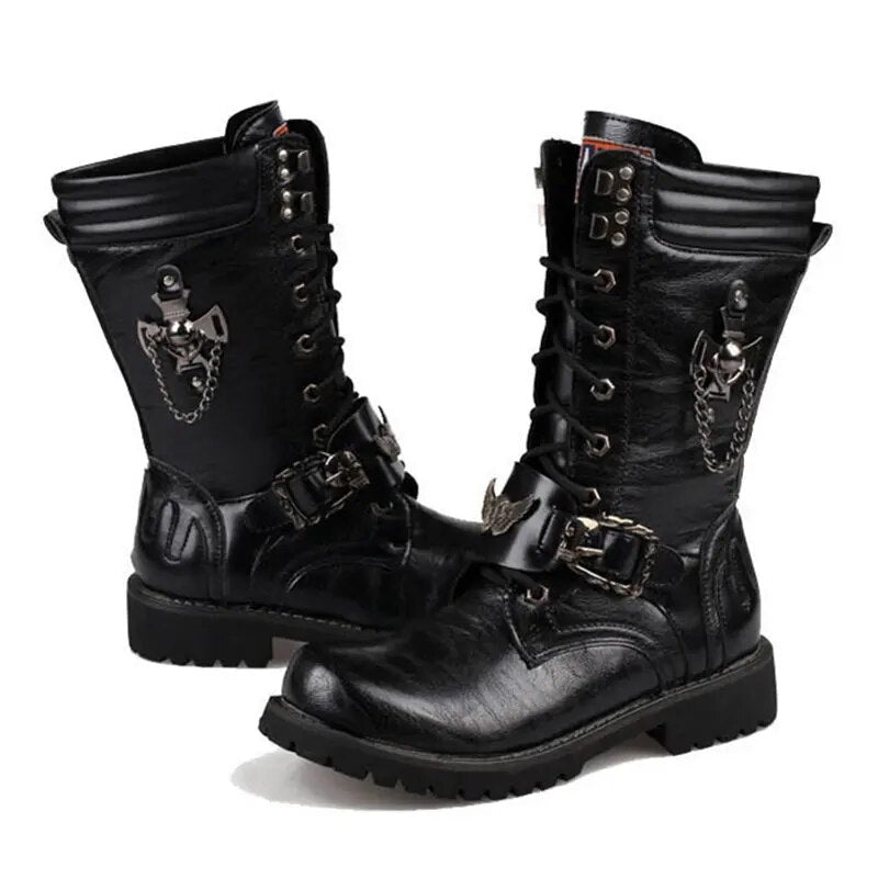 ZERO MORE Brand Army Boots Men Chain Military Mens Boots Skull Metal Buckle Lace Up Male Motorcycle Punk Boots Men's Shoes Rock