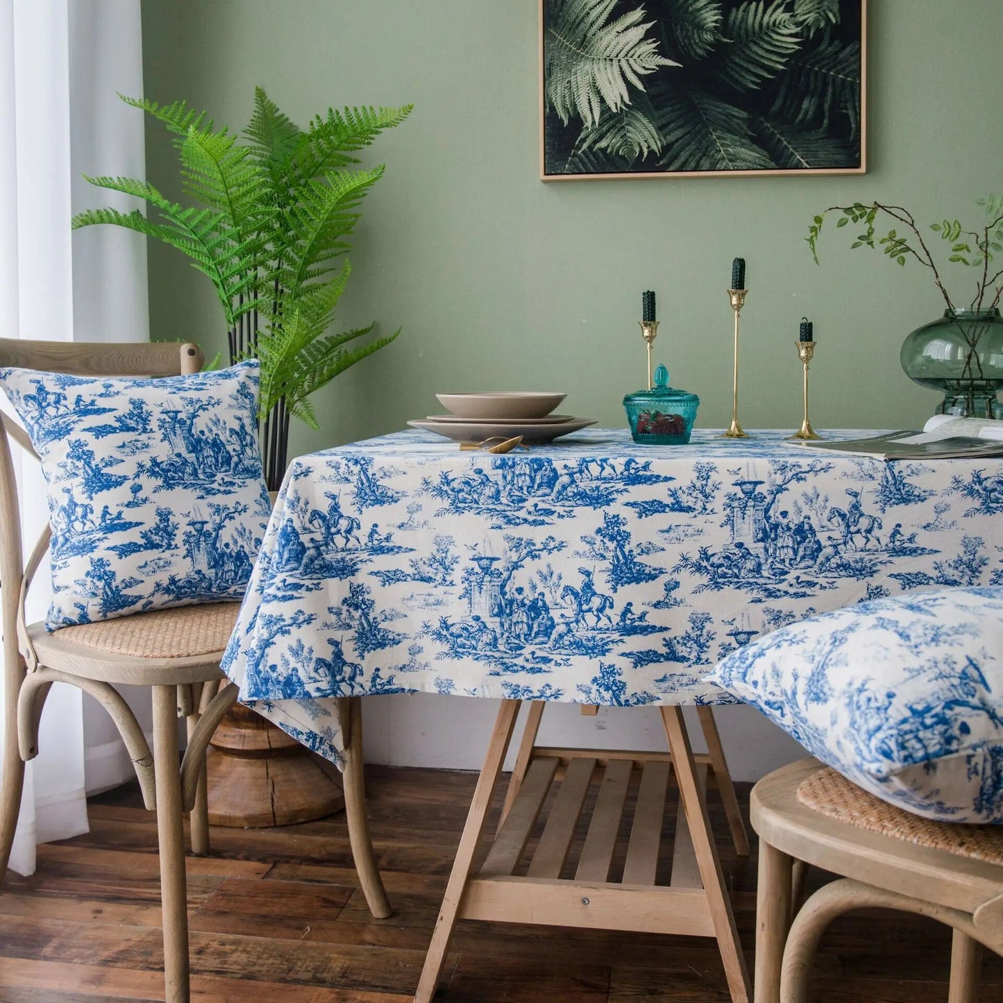 Retro Blue Decorative Table Cloth Rectangular Tablecloths Dining Table Cover Kitchen Obrus Mantel Mesa Home Decor Cushion Cover