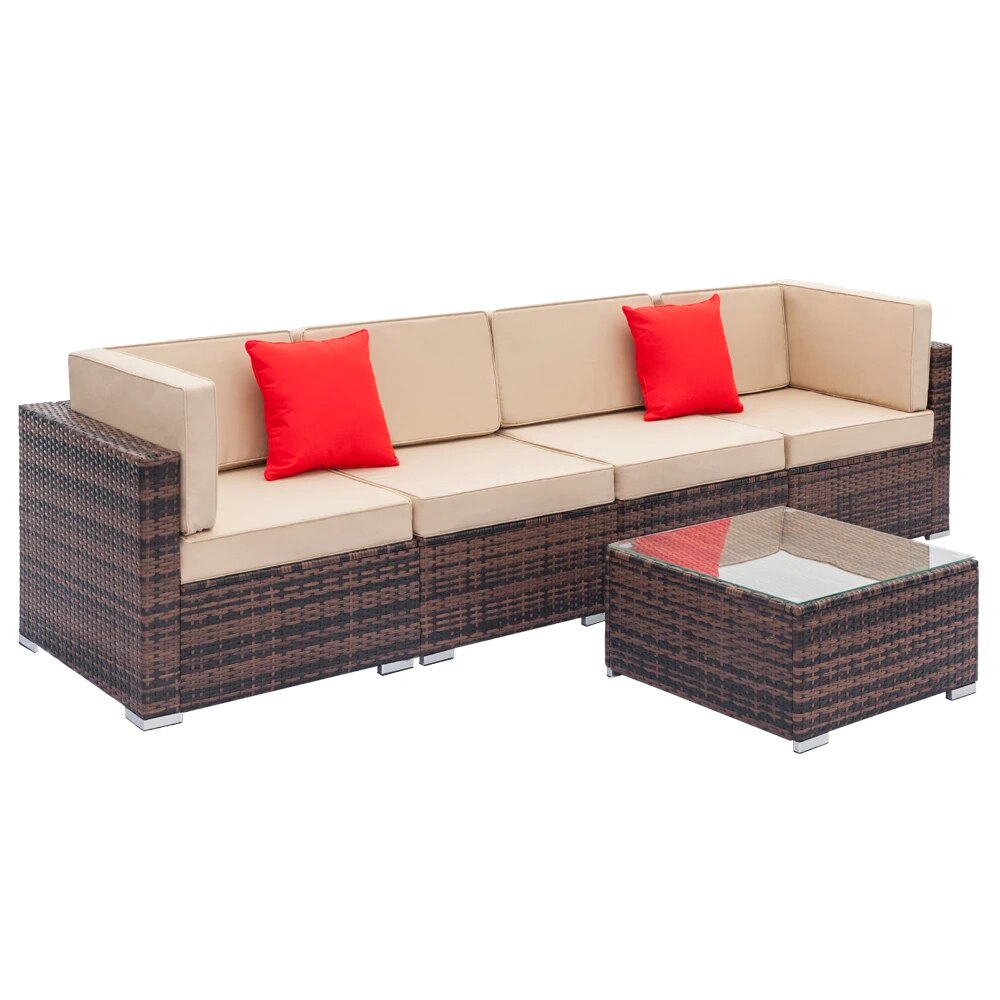 Patio Furniture Set Fully Equipped Weaving Rattan Sofa Set with 2pcs Corner Sofas & 2pcs Single Sofas & 1 pcs Coffee Table Brown