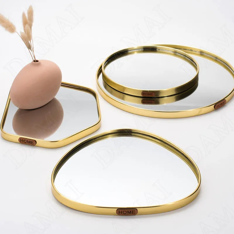 European Glass Mirror Storage Trays Gilded Metal Jewelry Organizer Living Room Desktop Aromatherapy Tray Home Decoration Modern