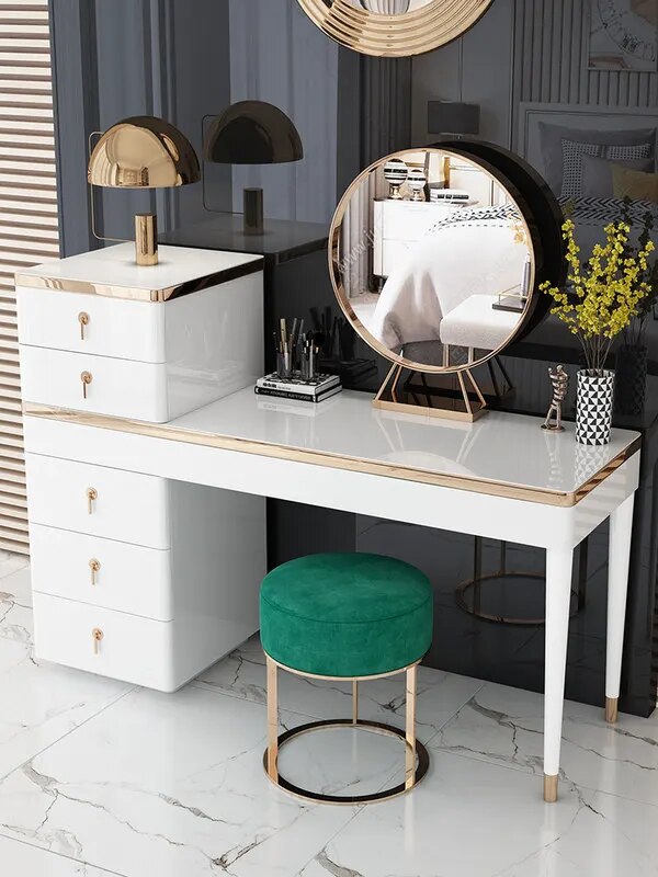 Dresser Makeup Mirror Dressing Stool Combination Light Luxury Furniture for Bedroom White Gold-Plated Makeup Table