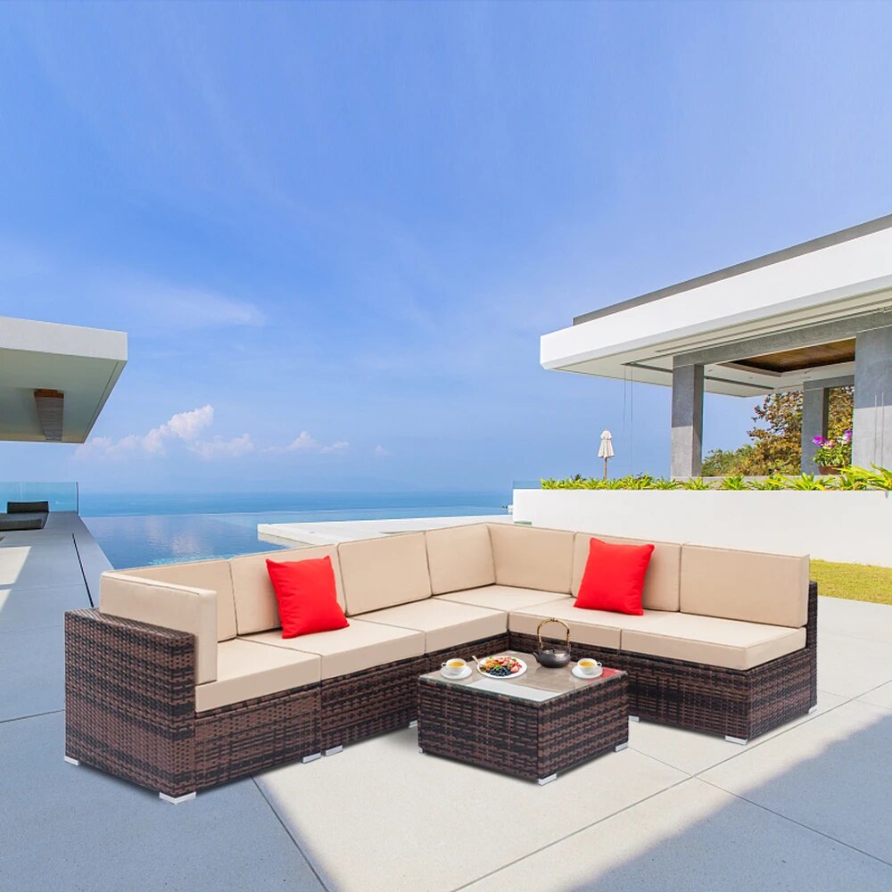 7 Pieces Outdoor Sectional Sofa Patio Furniture Sets PE Rattan Wicker Patio Conversation Set with 6pcs Sofas & 1pcs Coffee Table