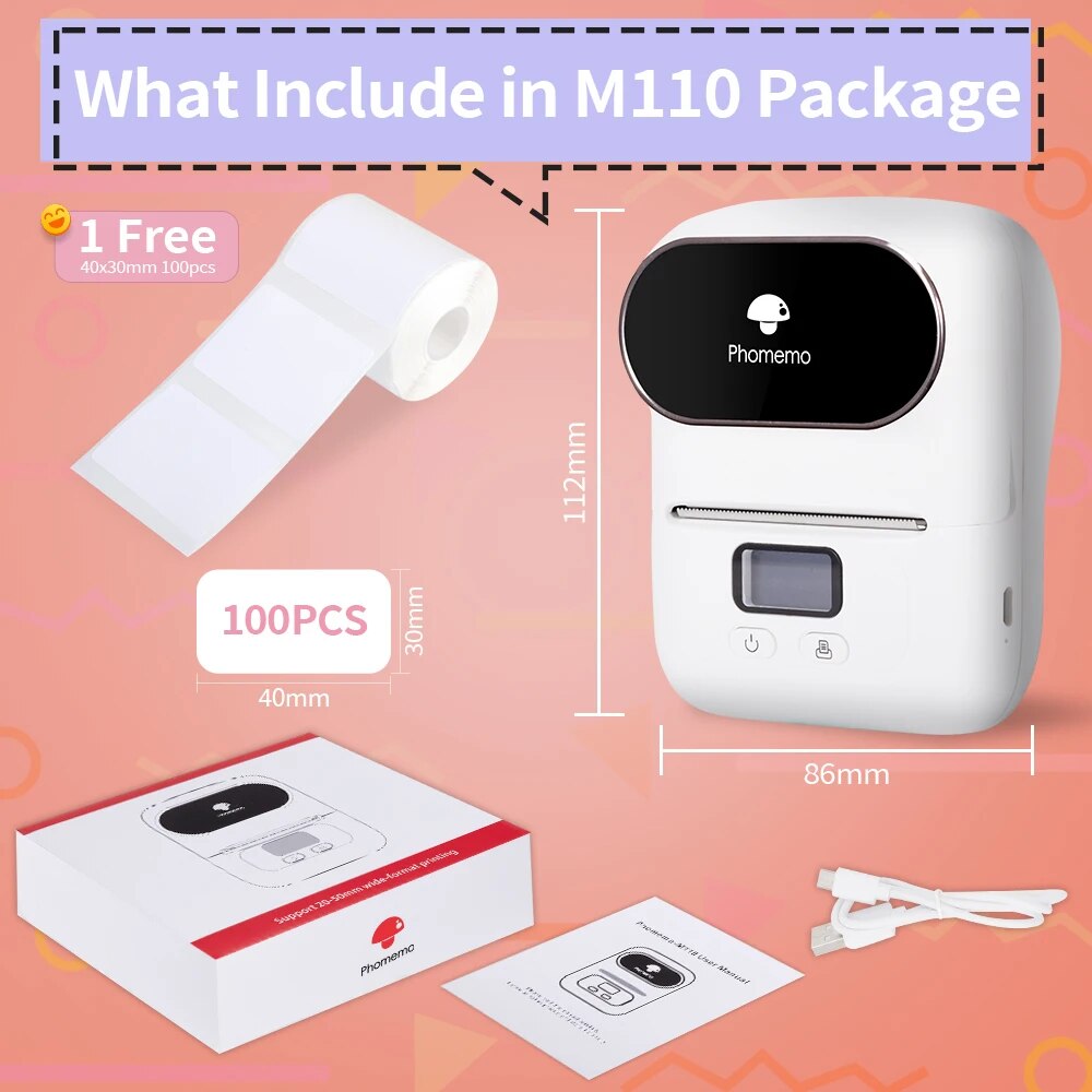 Phomemo M110 Wireless Printers Thermal Label Maker Android & IOS Phone Sticker Printer with Square Round Adhesive Paper Roll