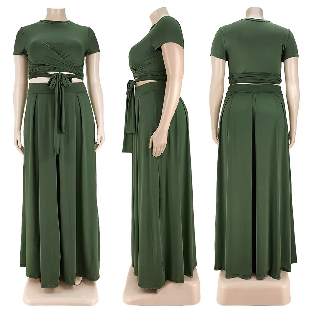 Plus Size Outfits for Women 4xl 5xl Fashion Round Collar Solid Color Bandage Swing Two Piece Set Skirts Wholesale Dropshipping
