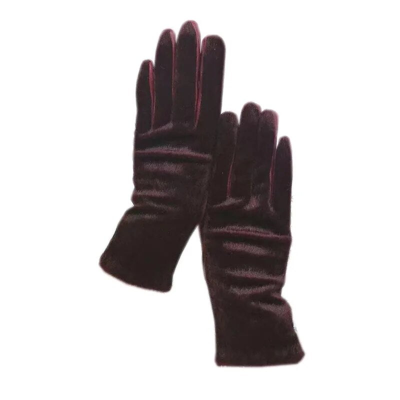 Gloves winter ladies wristband fashion sheepskin gloves wine red new warm female leather AB version wool lining imitation sea li