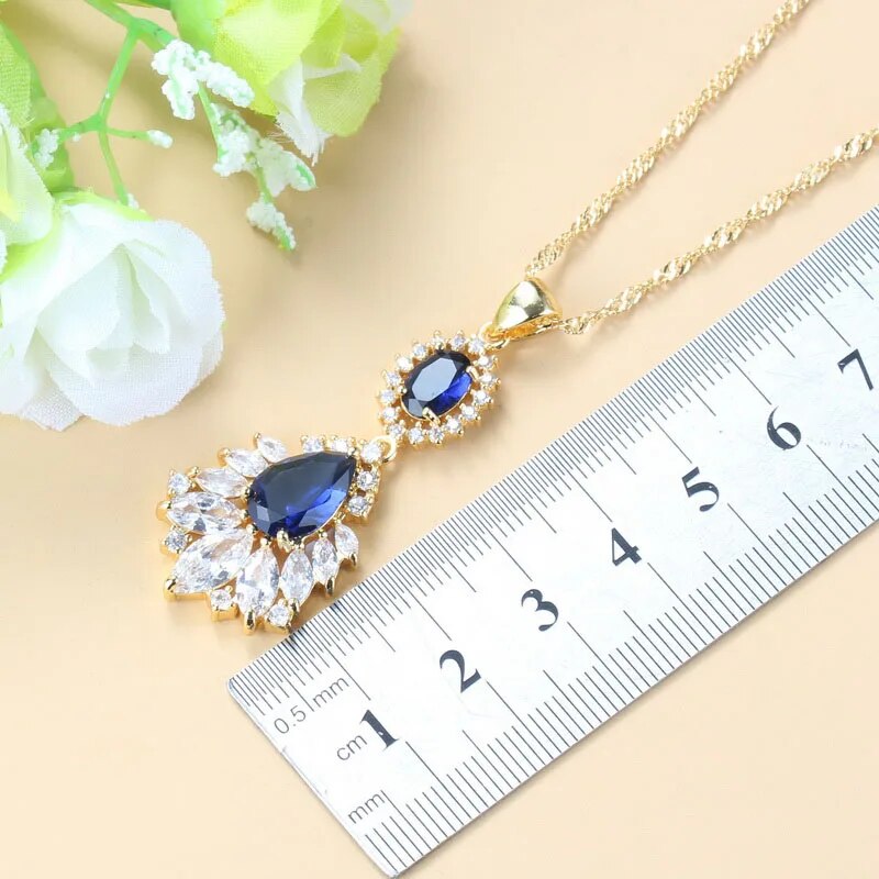 African Jewelry Sets Dubai Yellow Gold Color Wedding Accessories Blue Cubic Zirconia 6-Colors Bracelet And Ring Sets