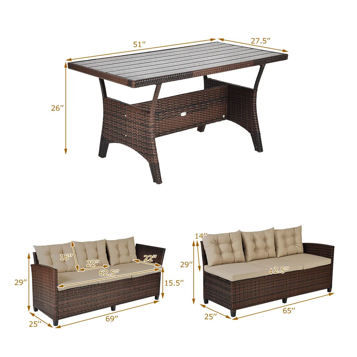Costway 3PCS Rattan Dining Set Patio Furniture 6 Seats Sofa Cushioned