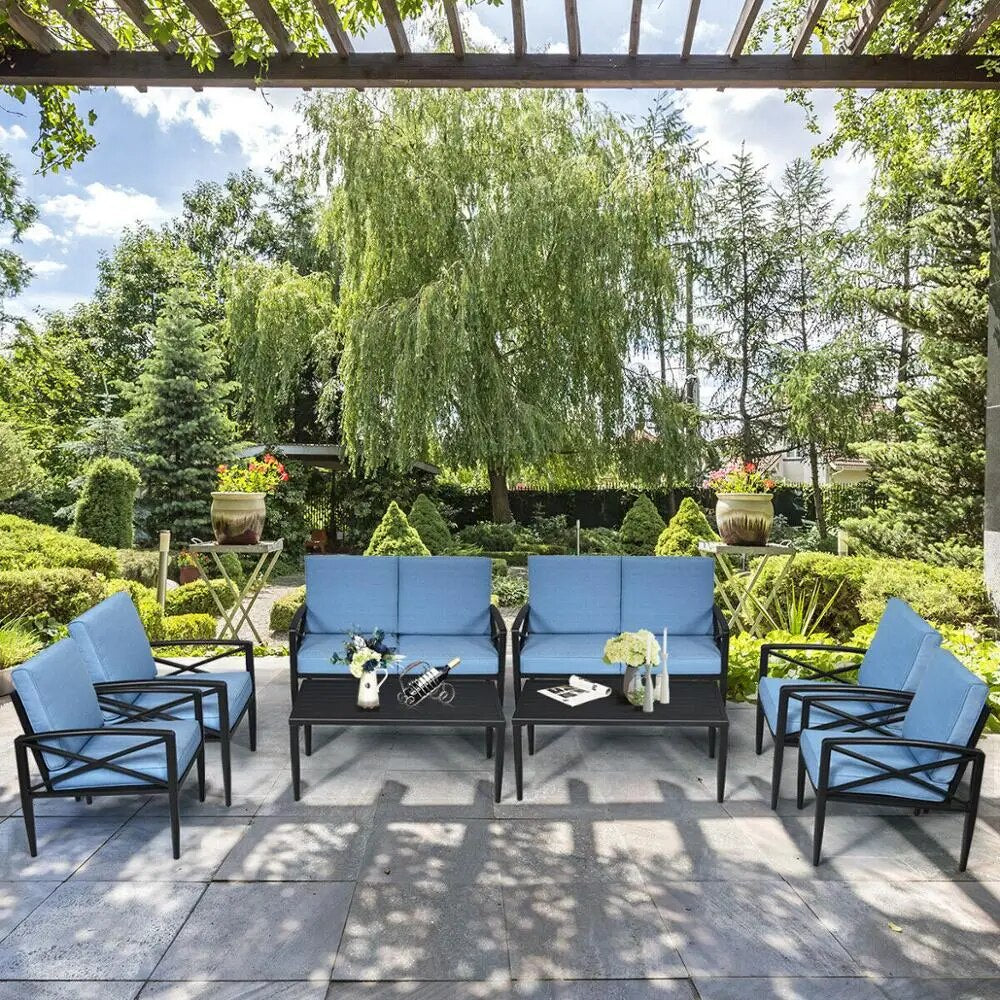 8PCS Patio Furniture Set Aluminum Frame Cushioned Sofa Chair Coffee Table Blue 2*HW65783+
