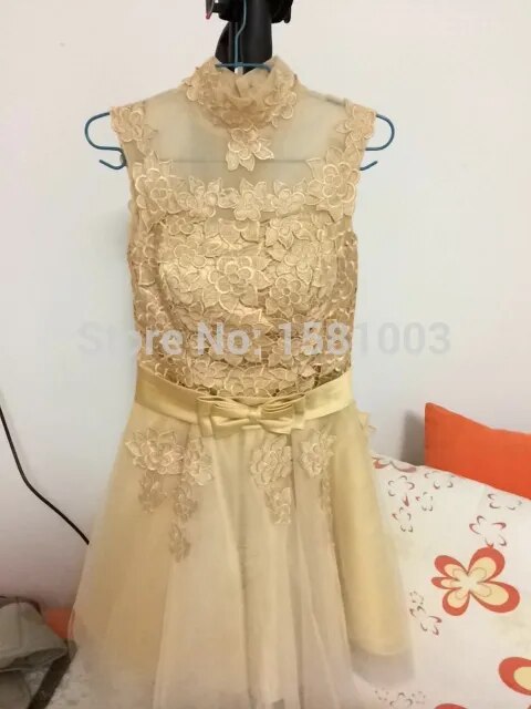 Robe De Soiree 2023 golden Short Lace Evening Dresses gowns Banquet Vintga High Neck vestido de festa Prom Dresses party dress - KAISERINC