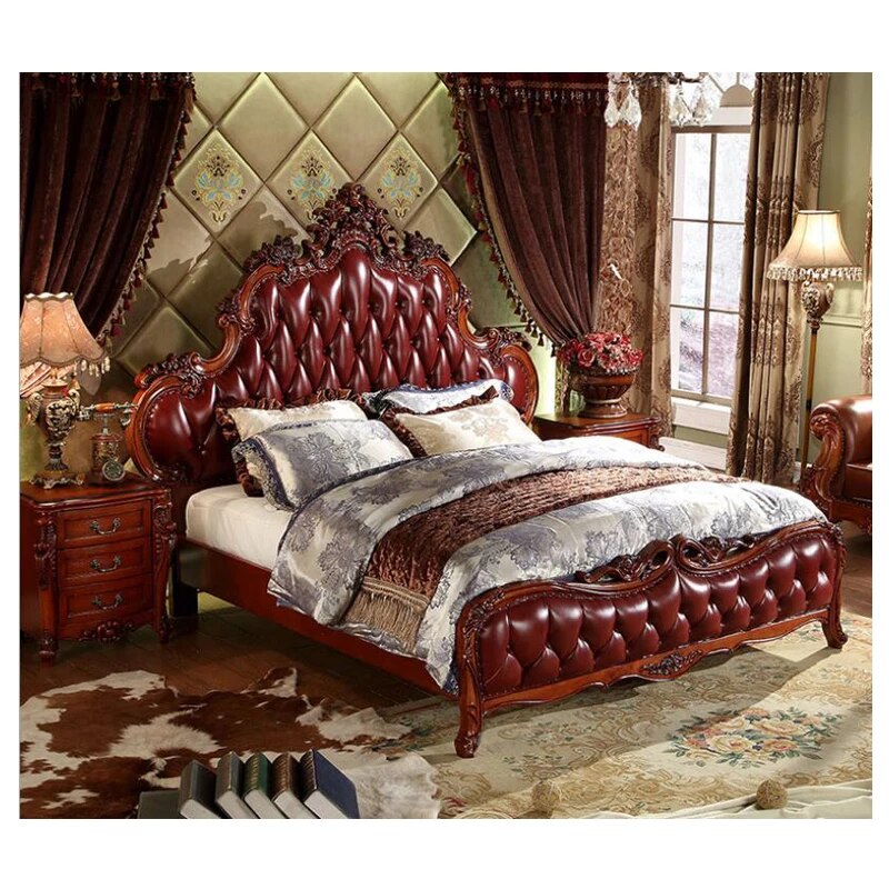 modern european solid wood bed 2 people  Fashion Carved  leather  french bedroom furniture xhc0014