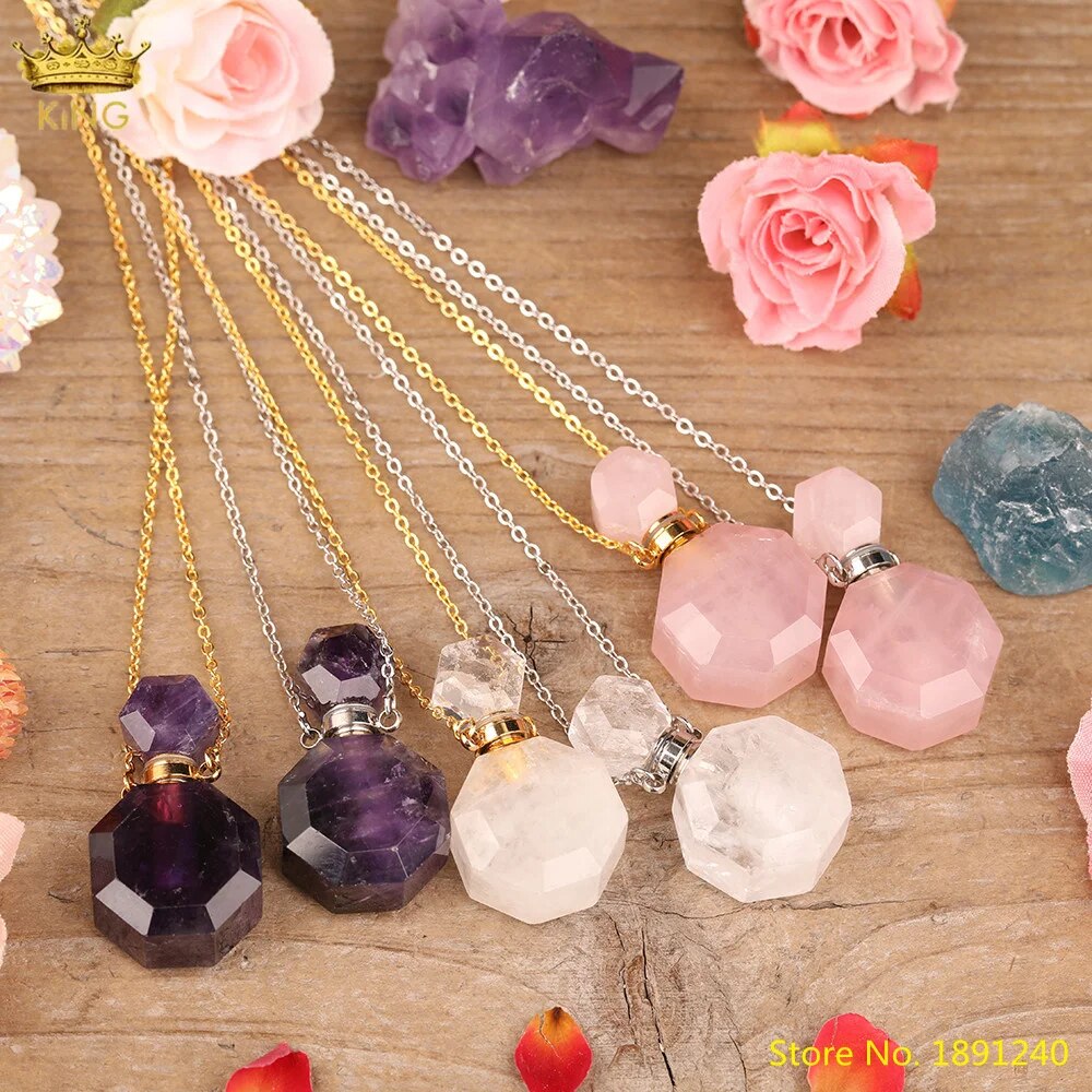 Faceted Natural Amethysts Pink Quartz Perfume Bottle Essential Oil Pendant Women Quartz Stone Vials Gold Chains Necklace Jewelry
