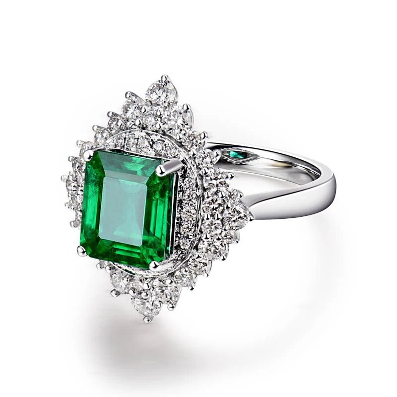 LOVERJEWELRY Emerald Ring 18Kt White Gold Natural Green Emerald Gemstone SI Diamonds Wedding Engagement Emerald Rings For Women