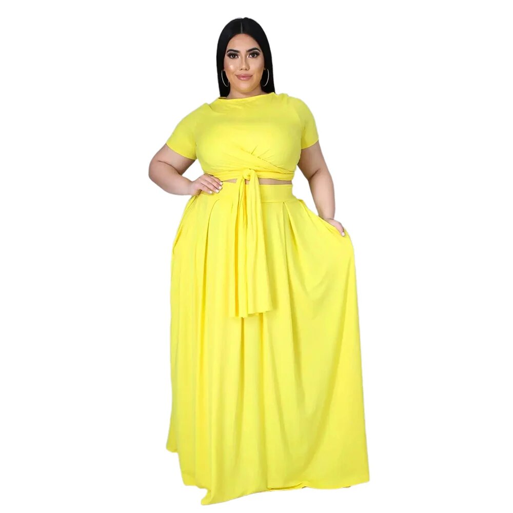 Plus Size Outfits for Women 4xl 5xl Fashion Round Collar Solid Color Bandage Swing Two Piece Set Skirts Wholesale Dropshipping