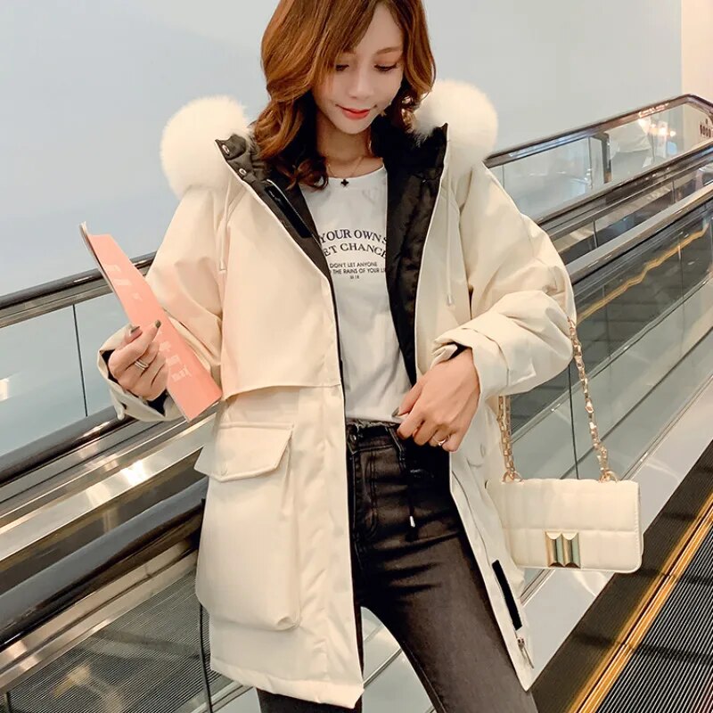 Fashion Hooded Faux Fur Collar Women's Clothing Big Pocket Down Jacket Female Winter Coat Woman Parkas Casacos Feminino ZJT46