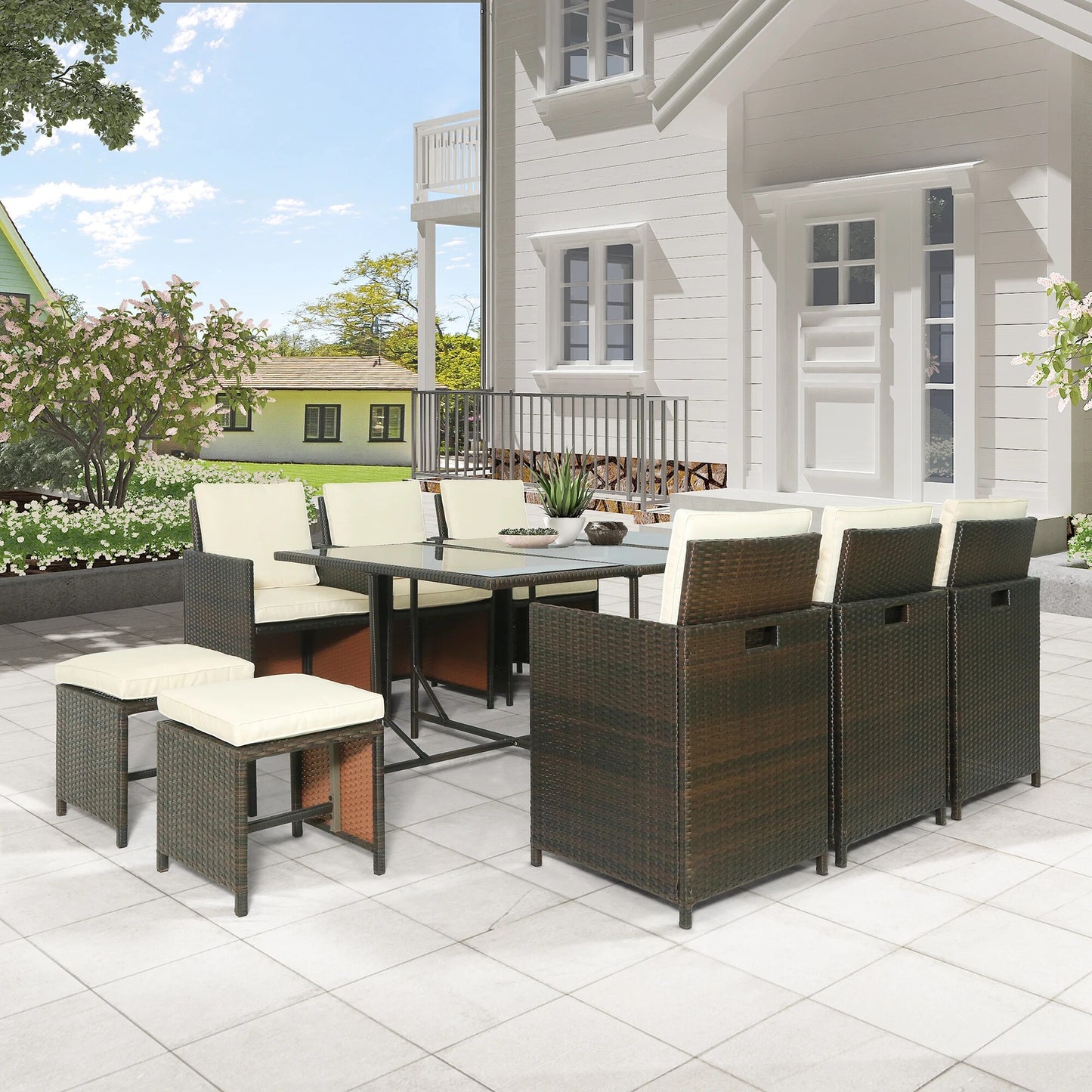 11 or 9 PCS Outdoor Patio Rattan Wicker Dining Table Set Garden Courtyard Furniture Sets 6 Armchairs+4 Stools+1 Table[US-Stock]