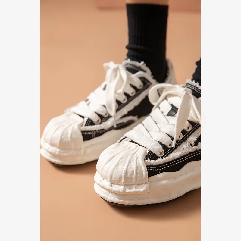 BeauToday Platform Sneakers Women Cow leather Denim Patchwork Lace Up Retro Ladies Shoes Chunky Sole Handmade 29127