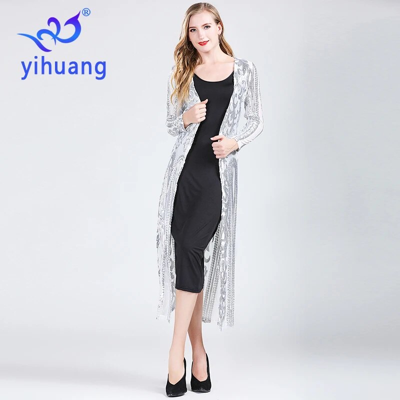 Fashion New Women's Clothing Long Sequin Open Front Long Sleeve Mesh Cardigan Blouse Cover Coat Evening Prom Party Tops Gift