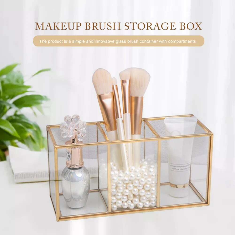 Transparent Glass Makeup Brush Storage Box Gold Cosmetics Container Ring Pencil Lipstick Holder Make Up Brushes Organizer