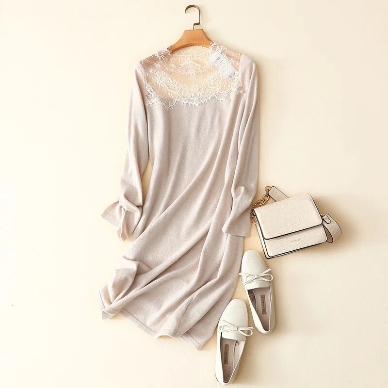 knitted cashmere skirt  Autumn   winter new elegant ladies  lace embroidery cashmere dress women's clothing