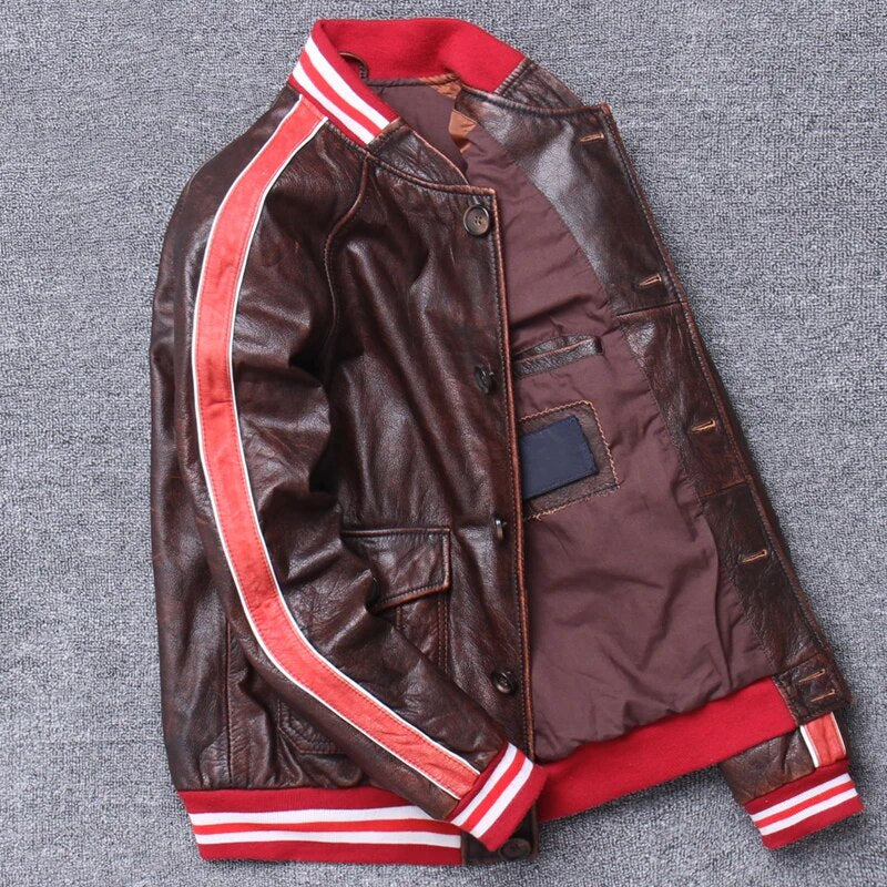 Casual Single Breasted Striped Men Baseball Coat Cowhide Uniform Genuine Leather Jacket Winter Korean Distressed Trench Coat 3XL